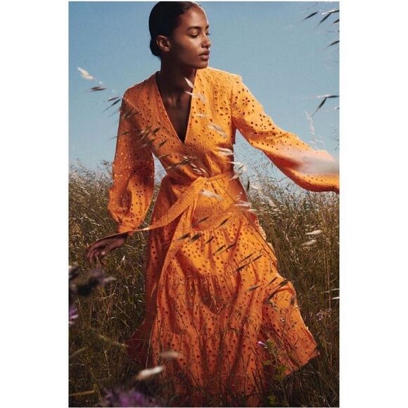 Zara Women’s Blogger Favorite Orange Embroidered Eyelet Puff Sleeve Maxi Dress - Picture 14 of 14
